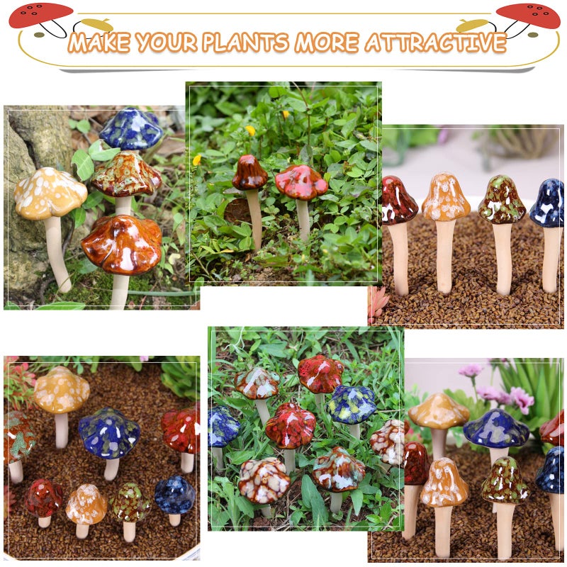 Exttlliy 8Pcs Ceramic Garden Mushrooms Figurine Decorative Plants Stakes Accessories Lawn Ornaments Statue for Outdoor (Random Color) (Blooming-1) - Image 4